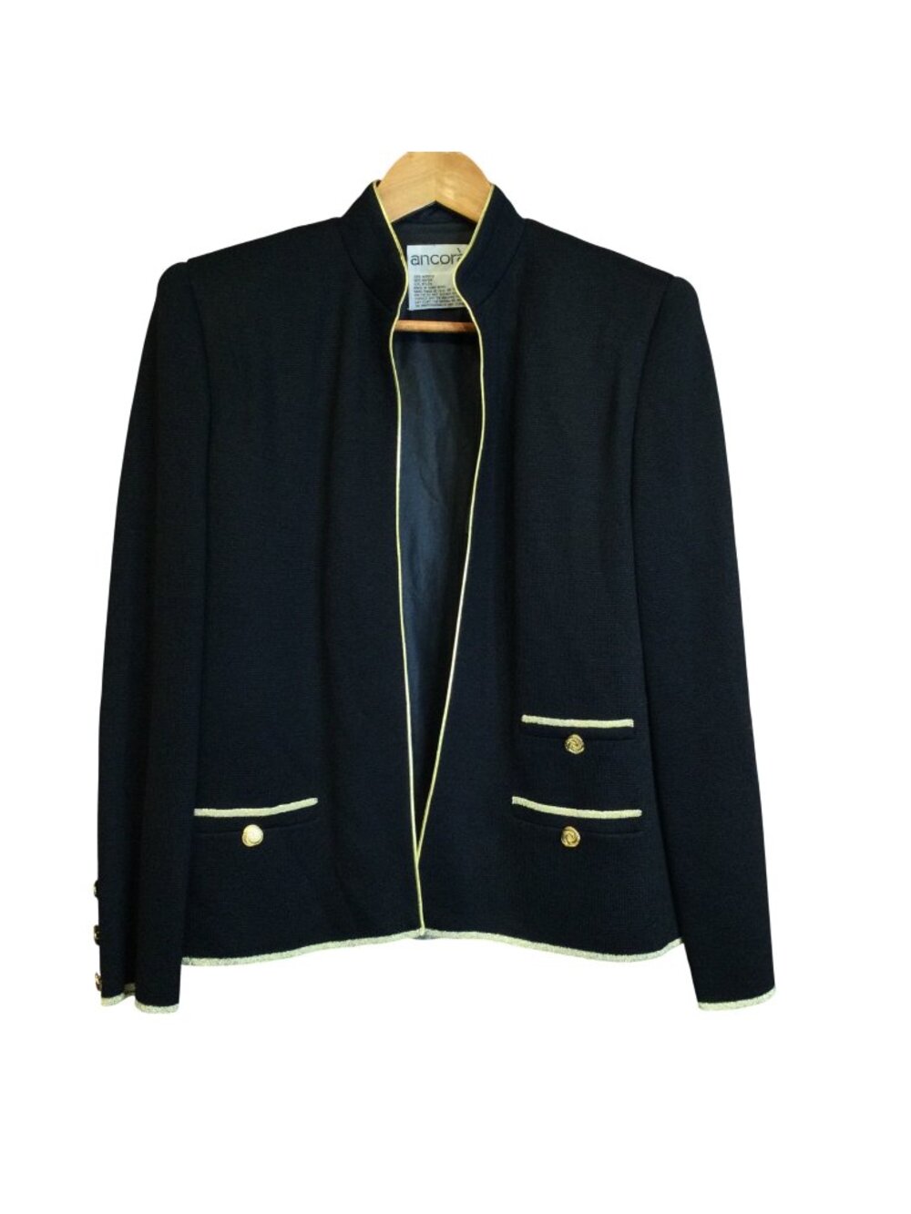 Vintage Ancora Black Knit Sweater Blazer Gold Trim Size S Preppy Old Money